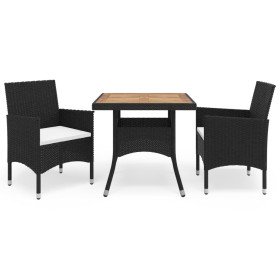 Set comedor jardín 3 pzas ratán sintético madera maciza negro