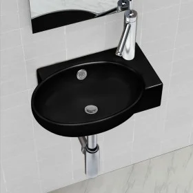Rundes Keramikwaschbecken mit schwarzem Wasserhahn/Ablaufloch von vidaXL, Sinkt - Ref: Foro24-141925, Preis: 67,45 €, Rabatt: %