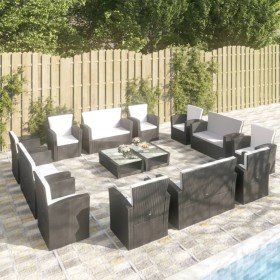 Set muebles de jardín 16 piezas y cojines ratán sintético negro
