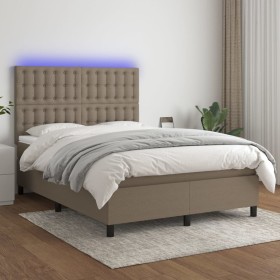 Cama box spring colchón y luces LED tela gris taupe 140x190 cm