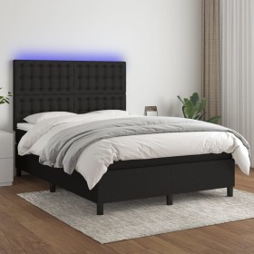 Cama box spring colchón y luces LED tela negro 140x190 cm