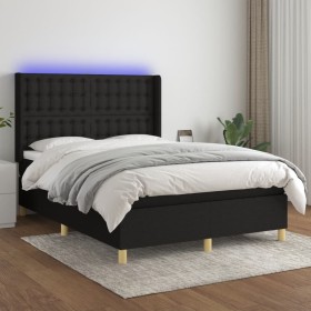 Box spring bed mattress and LED lights black fabric 140x190 cm by , Beds and slatted bases - Ref: Foro24-3139191, Price: 495,...