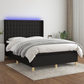 Cama box spring colchón y luces LED tela negro 140x190 cm