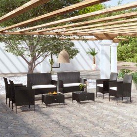 Set de muebles de jardín 8 pzas y cojines ratán sintético negro