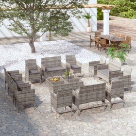 Set de muebles de jardín 16 pzas y cojines ratán sintético gris