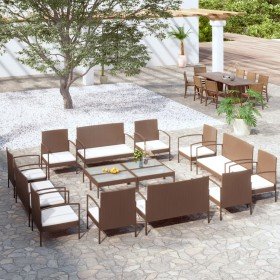 Set muebles de jardín 16 pzas y cojines ratán sintético marrón