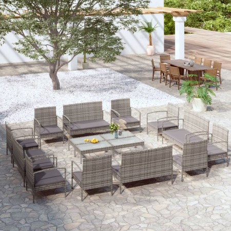 Set de muebles de jardín 16 pzas y cojines ratán sintético gris en Conjuntos de jardín | Comprar online en Foro24