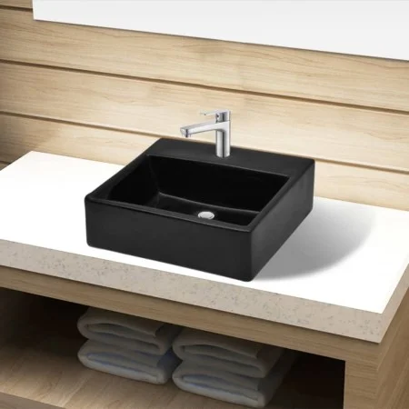 Lavabo de cerámica cuadrado con orificio de grifo/desagüe negro de vidaXL, Lavabos - Ref: Foro24-141941, Precio: 68,49 €, Des...