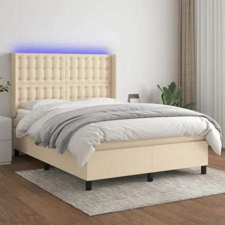 Box spring bed mattress and LED lights cream fabric 140x200 cm by , Beds and slatted bases - Ref: Foro24-3138642, Price: 509,...