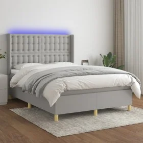 Box spring bed mattress and LED lights light gray fabric 140x190 cm by , Beds and slatted bases - Ref: Foro24-3139189, Price:...