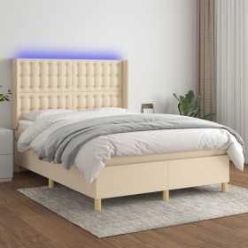 Cama box spring colchón y luces LED tela crema 140x190 cm