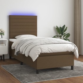Cama box spring colchón luces LED tela marrón oscuro 100x200cm
