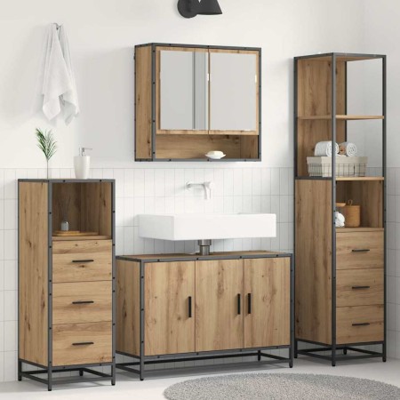 Juego de muebles de baño con cajón 4 pcs Roble artesanal