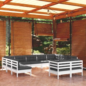 Muebles de jardín 11 pzas y cojines blanco madera maciza pino