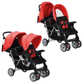 Carrito para 2 niños tandem de acero rojo y negro