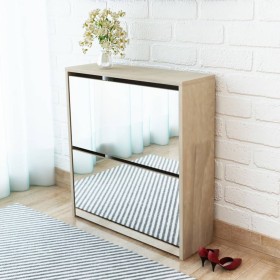Schuhschrank mit 2 Fächern, Spiegel, Eiche-Farbe, 63x17x67cm. von vidaXL, Schuhregale und Schuhorganisatoren - Ref: Foro24-24...