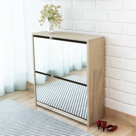 Schuhschrank mit 2 Fächern, Spiegel, Eiche-Farbe, 63x17x67cm. von vidaXL, Schuhregale und Schuhorganisatoren - Ref: Foro24-24...