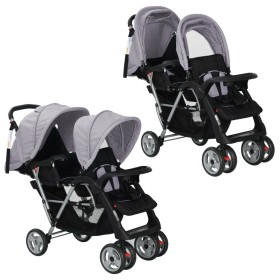 Carrito para 2 niños tandem de acero gris y negro