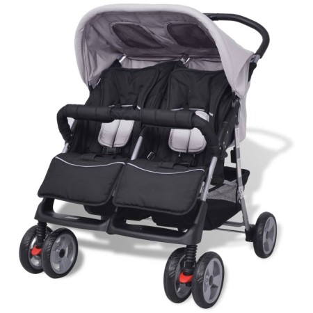Grau-schwarzer Zwillingskinderwagen aus Stahl von vidaXL, Kinderwagen - Ref: Foro24-10110, Preis: 184,80 €, Rabatt: %
