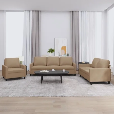 Cappuccino synthetic leather 3-piece sofa set with cushions by , Sofas - Ref: Foro24-3201402, Price: 566,98 €, Discount: %