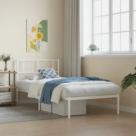 Metal bed frame with white headboard 90x200 cm by , Beds and slatted bases - Ref: Foro24-372221, Price: 60,23 €, Discount: %