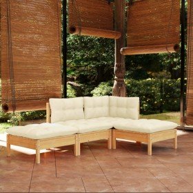 Muebles de jardín 4 pzas y cojines madera maciza de pino crema Muebles de jardín 4 pzas y cojines madera maciza de pino crema