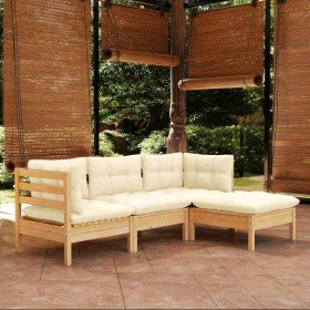 Muebles de jardín 4 piezas con cojines madera de pino crema
