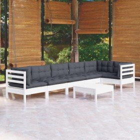 Muebles de jardín 7 pzas con cojines blanco madera de pino