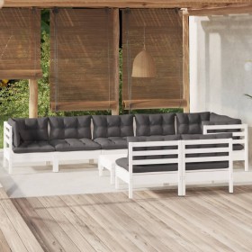 Muebles de jardín 9 pzas y cojines blanco madera maciza de pino