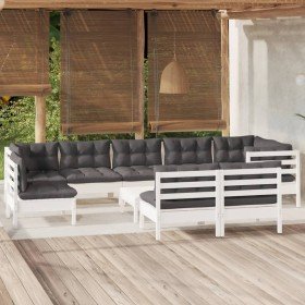 Muebles de jardín 10 pzas y cojines blanco madera maciza de pino