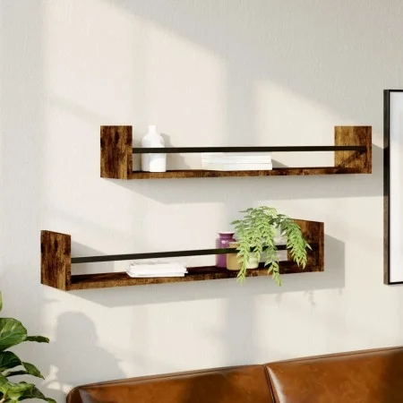 Wall shelves with bars 2 pcs smoked oak 80x16x14 cm by , Shelves and shelves - Ref: Foro24-835441, Price: 31,46 €, Discount: %