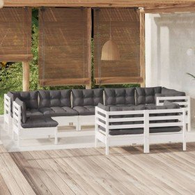 Muebles de jardín 9 pzas y cojines blanco madera maciza de pino