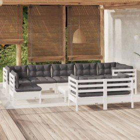 Muebles de jardín 10 pzas con cojines blanco madera maciza pino