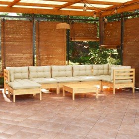 Muebles de jardín 8 pzas y cojines madera maciza de pino crema