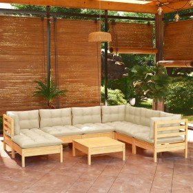Muebles de jardín 8 pzas y cojines madera maciza de pino crema Muebles de jardín 8 pzas y cojines madera maciza de pino crema