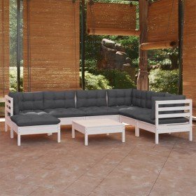 Muebles de jardín 8 pzas y cojines blanco madera maciza de pino