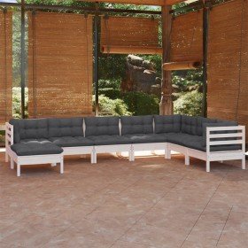 Muebles de jardín 8 pzas con cojines blanco madera maciza pino