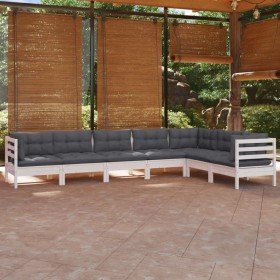Muebles de jardín 7 pzas y cojines blanco madera maciza de pino