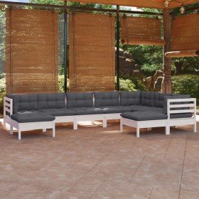 Muebles de jardín 9 pzas y cojines blanco madera maciza de pino Muebles de jardín 9 pzas y cojines blanco madera maciza de pino