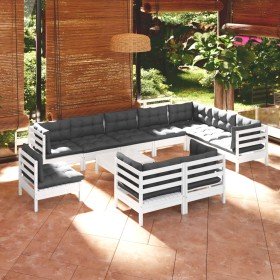 Muebles de jardín 11 pzas y cojines blanco madera maciza pino