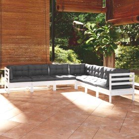 Muebles de jardín 7 pzas y cojines blanco madera maciza de pino