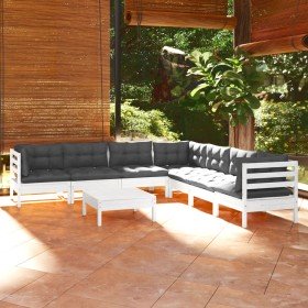 Muebles de jardín 8 pzas con cojines blanco madera maciza pino
