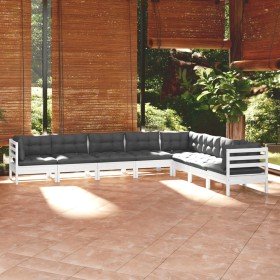 Muebles de jardín 8 pzas y cojines blanco madera maciza de pino