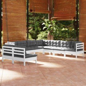 Muebles de jardín 9 pzas y cojines blanco madera maciza de pino