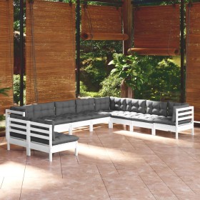 Muebles de jardín 10 pzas y cojines blanco madera maciza de pino