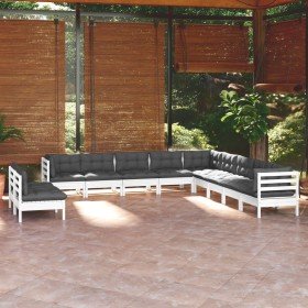 Muebles de jardín 11 pzas y cojines blanco madera maciza pino Muebles de jardín 11 pzas y cojines blanco madera maciza pino