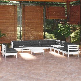 Muebles de jardín 12 pzas con cojines blanco madera maciza pino Muebles de jardín 12 pzas con cojines blanco madera maciza pino