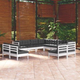Muebles de jardín 11 pzas y cojines blanco madera maciza pino Muebles de jardín 11 pzas y cojines blanco madera maciza pino