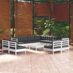 Muebles de jardín 12 pzas con cojines blanco madera maciza pino Muebles de jardín 12 pzas con cojines blanco madera maciza pino