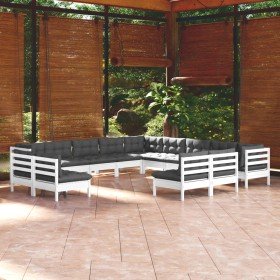 Muebles de jardín 13 pzas y cojines blanco madera maciza pino